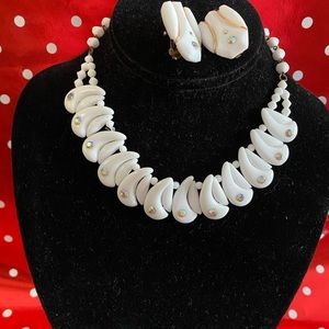 Vintage milk glass necklace and clip earring